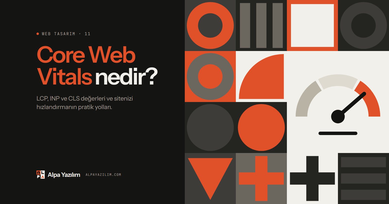 Core Web Vitals yazısı için hız göstergesi simgeli geometrik kapak görseli