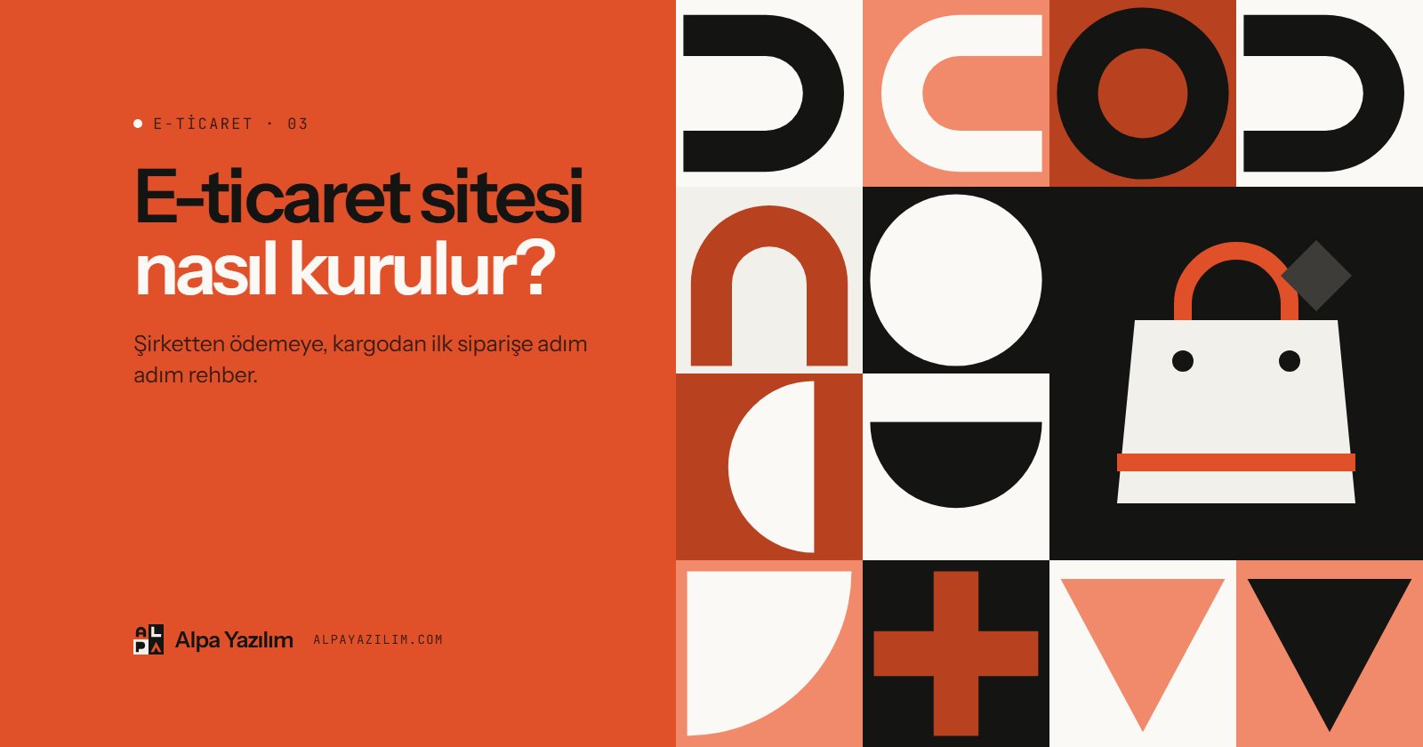 E-ticaret sitesi kurulumu yazısı için alışveriş çantası simgeli geometrik kapak görseli