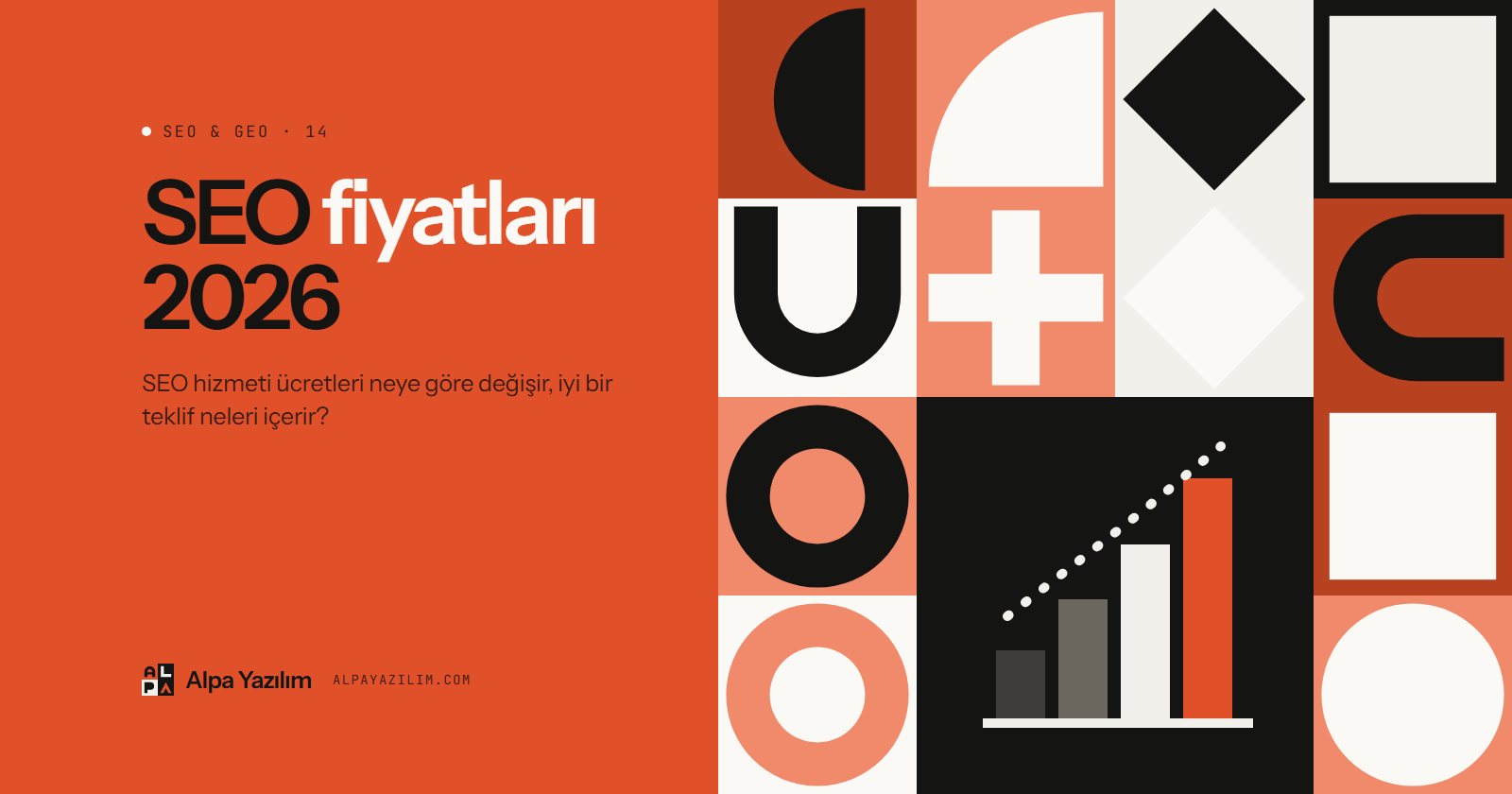 SEO fiyatları yazısı için yükselen grafik simgeli geometrik kapak görseli