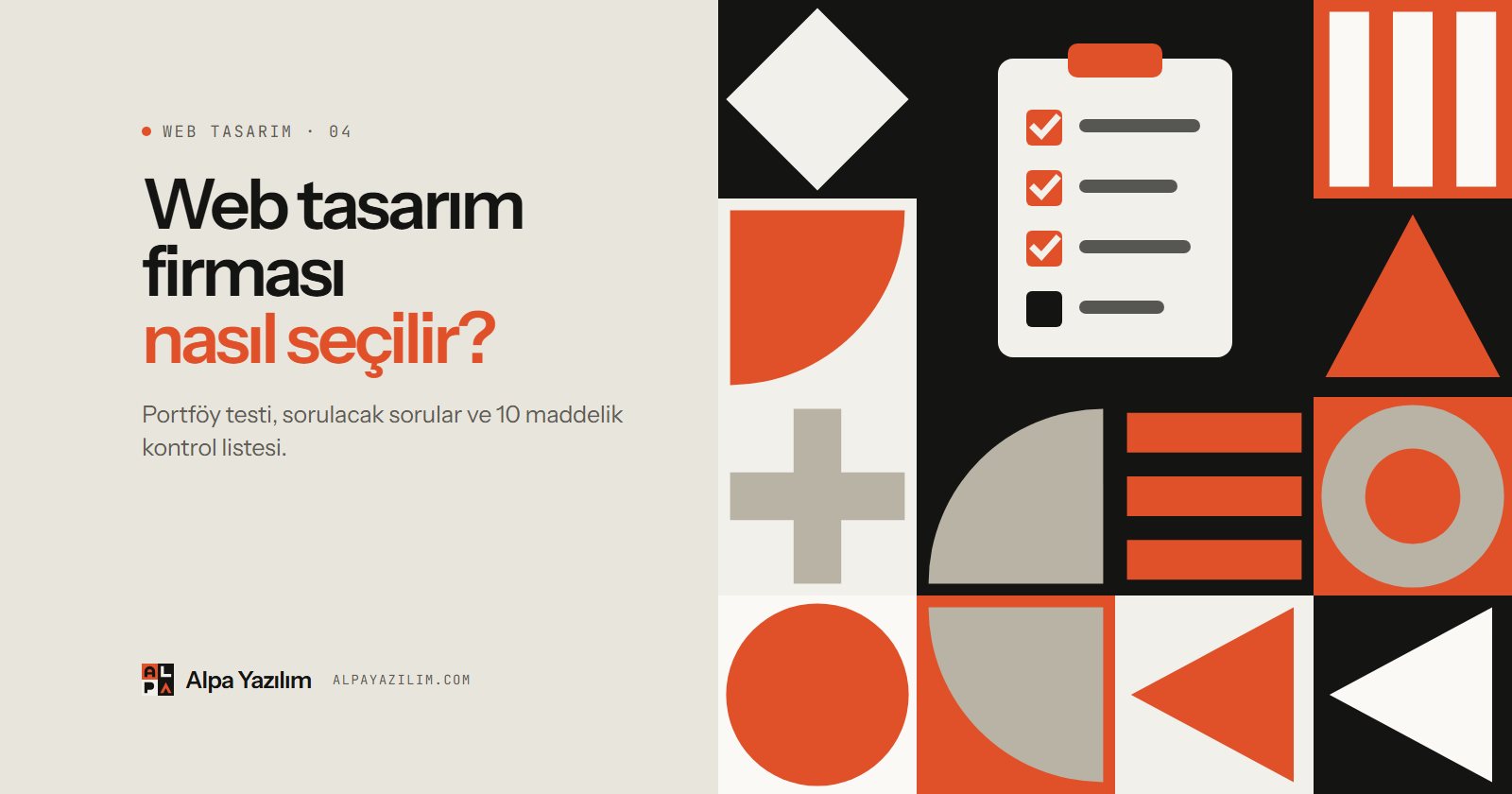 Web tasarım firması seçimi yazısı için kontrol listesi simgeli geometrik kapak görseli