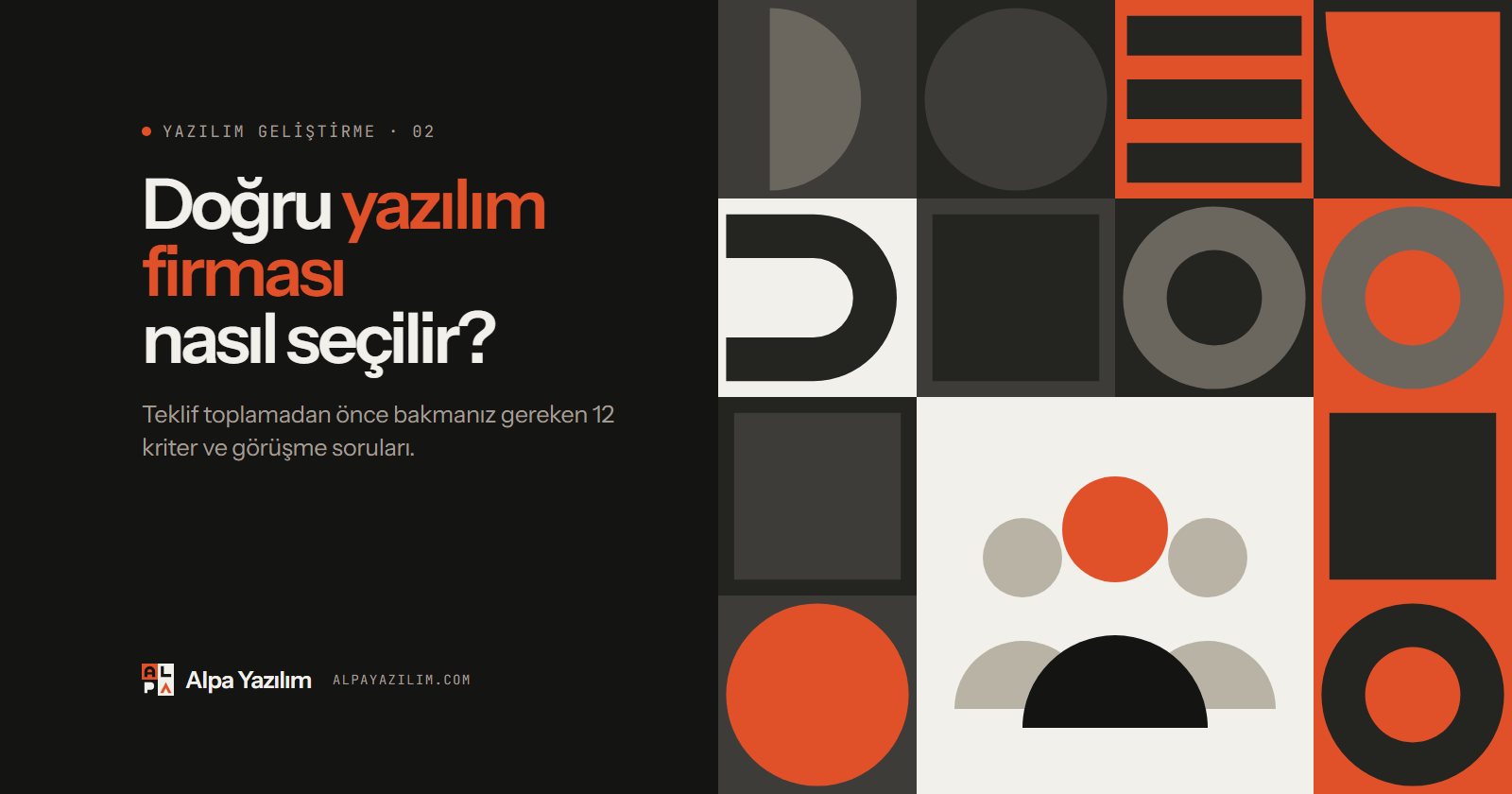 Yazılım firması seçimi yazısı için ekip simgeli geometrik kapak görseli